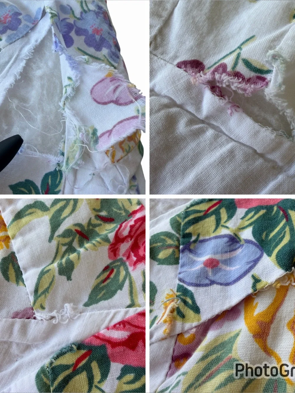 VTG 90s Floral Double Wedding Ring Quilt Scallop Edge Hand Quilted 84x100 READ